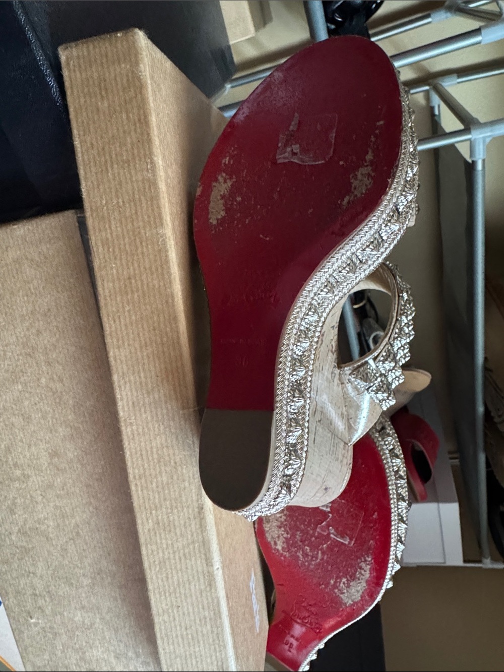Christian Louboutin Metallic Taupe Crystal Cork Wedge Sandals - Picture 5 of 6